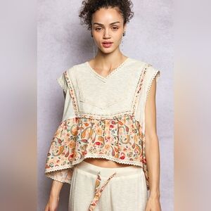 #1239 POL Wildflower Whim Paisley Crochet Trim Top